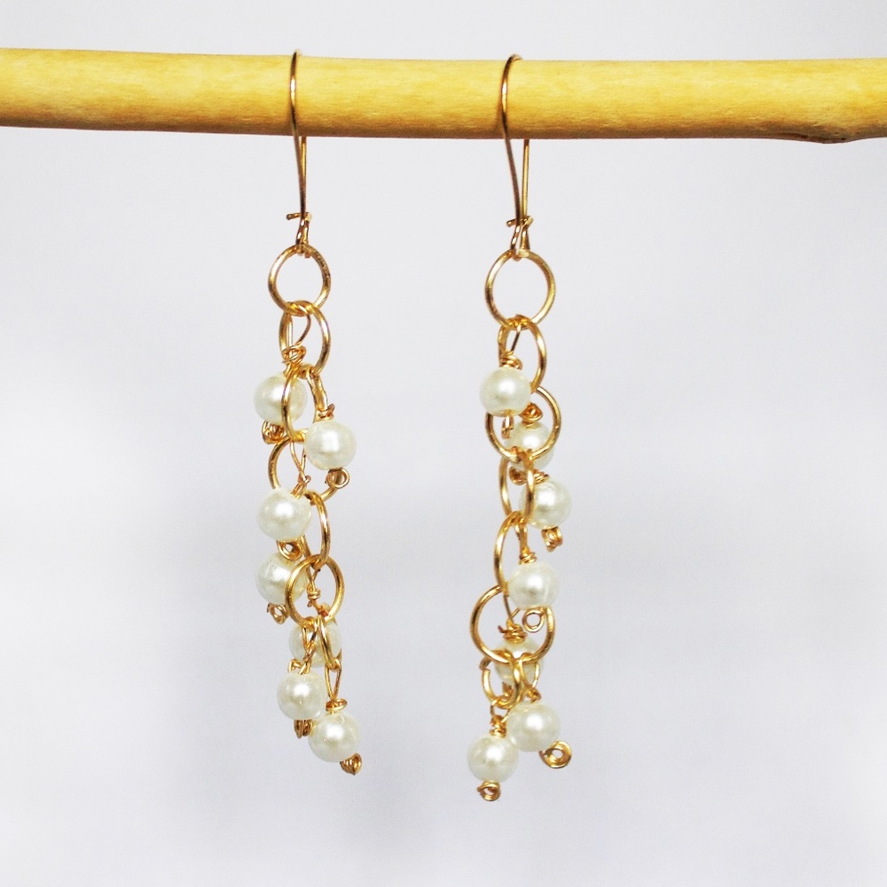 Gold 6 Ring Large Dangle Drop Earrings with Glass Pearls